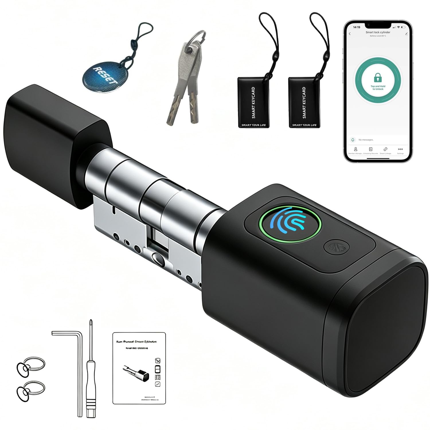Serrure de porte, avec empreinte digitale, 5 en 1, intelligente, avec code numérique RFID, application pour ouvre-porte électronique, serrure de porte d'entrée, cylindre de serrure réglable, 60 à 90