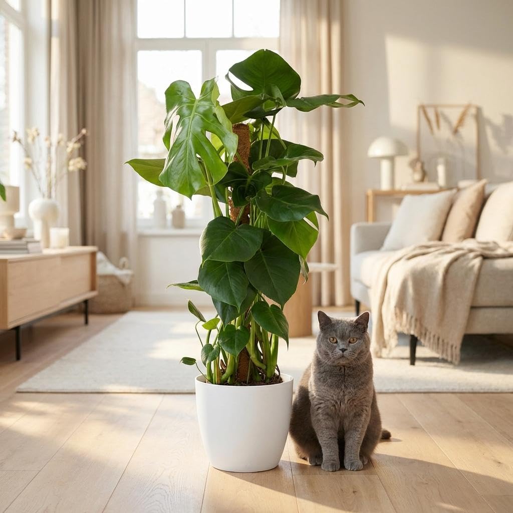 Green boutiQ - Zimmerpflanze - Fensterblatt - Monstera Deliciosa Moosstab - Grün - Pflegeleicht - 1 Pflanze - mit Übertopf Weiß - Topf 19cm - Höhe 90cm