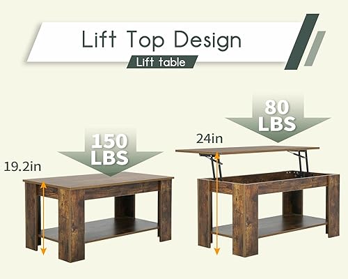 Miniatura 3 de FDW con compartimento de almacenamiento oculto y estante inferior, mesa de centro con elevador superior para sala de estar (marrón)