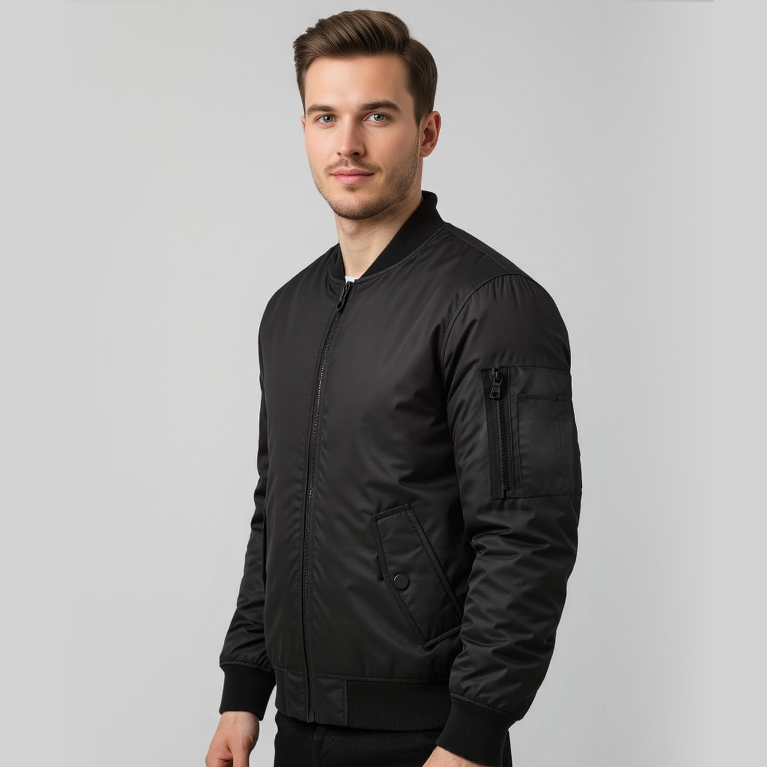 Men's Bomber Jacket, Warm Jackets Fall Winter Full Zipper Windbreaker Casual Coat - Image 2