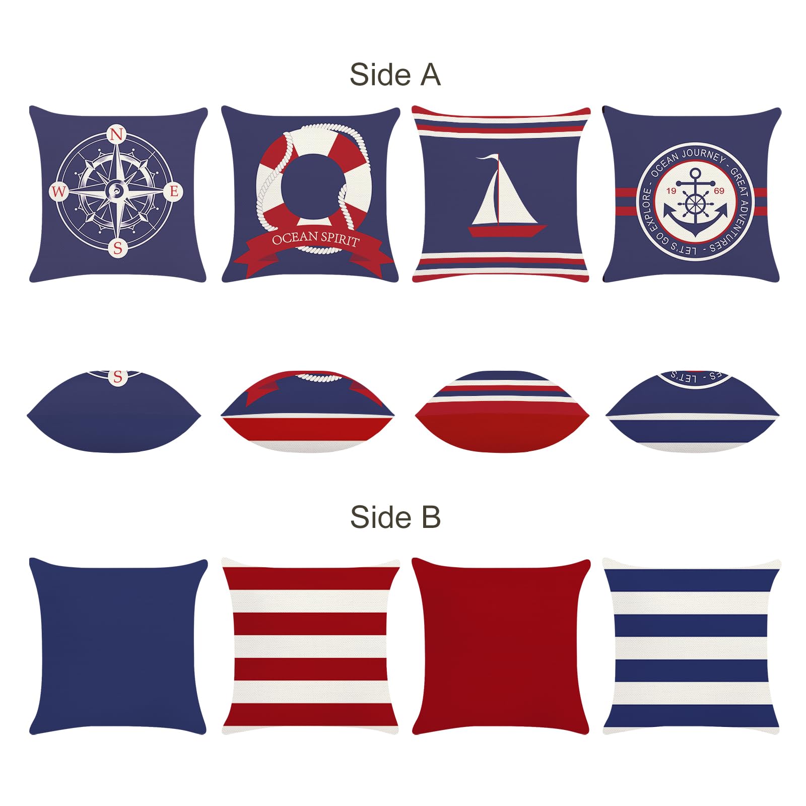 Bonhause Federe per Cuscini Nautica Bussola Ancora Barca a Vela 45 x 45 cm Copricuscini Decorativi Blu Navy e Rosso in Poliestere Biancheria per Divano Letto Auto 4 Pack