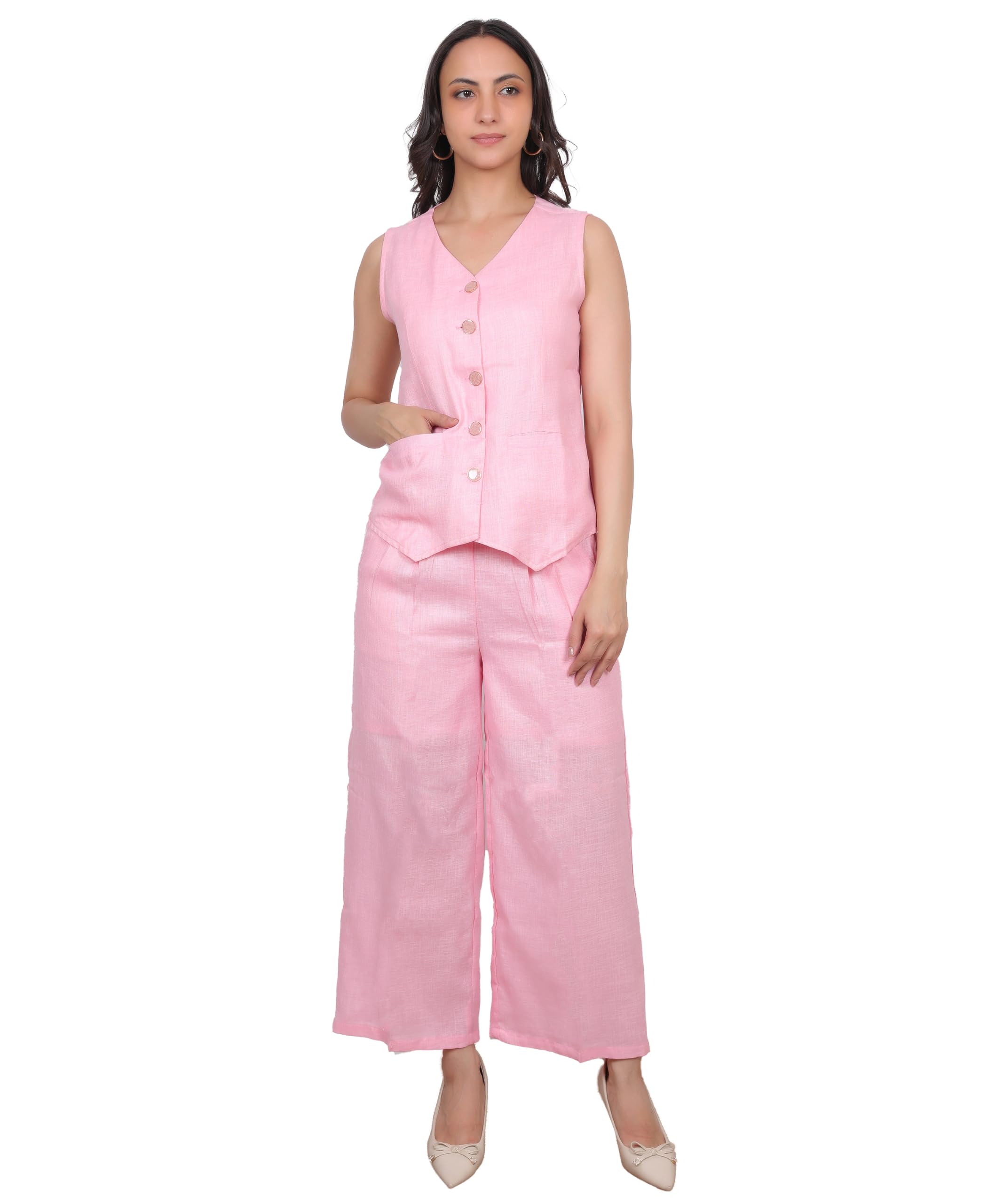 Women Solid Linen Blend Sleeveless Waistcoat with Wide Leg Trousers-image-16