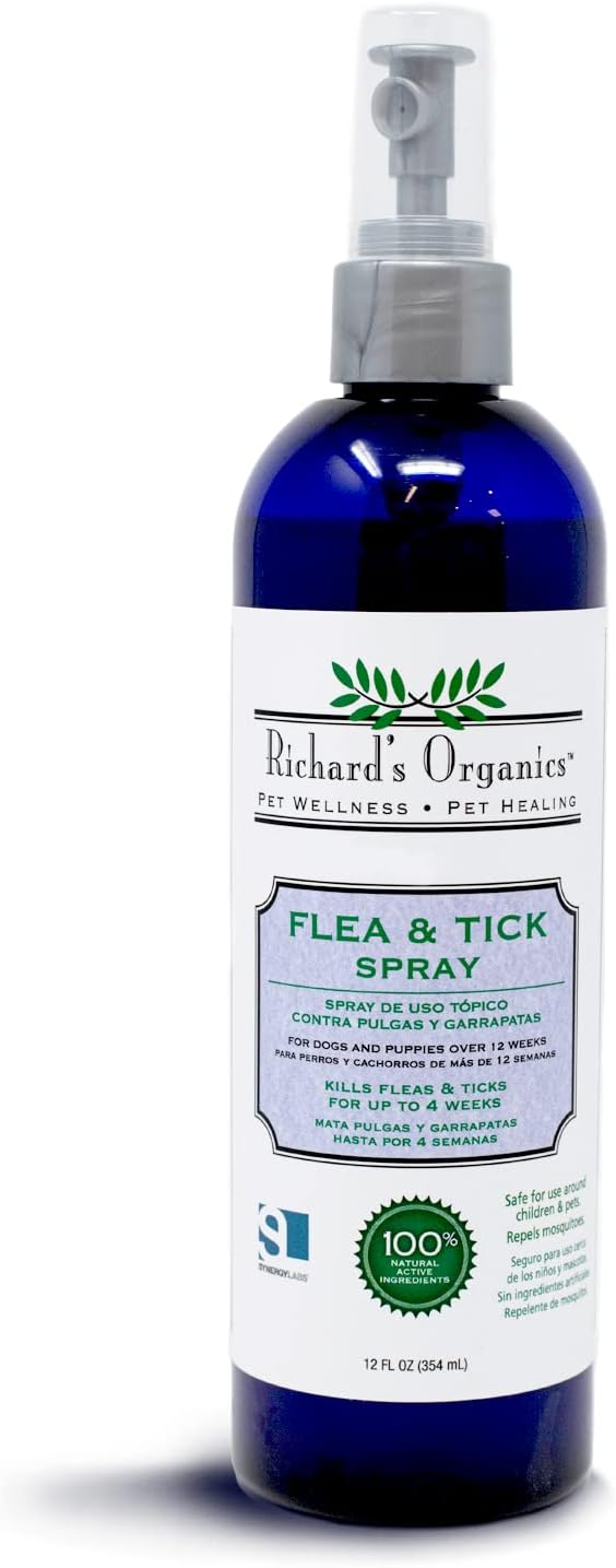 Richard’s Organics Gentle Flea and Tick Spray for Dogs –100% Natural Actives Kills Fleas, Ticks, Repels Mosquitos for Up to 4 Weeks – No Harsh Chemicals, Safe for Use Around Children (12 oz)