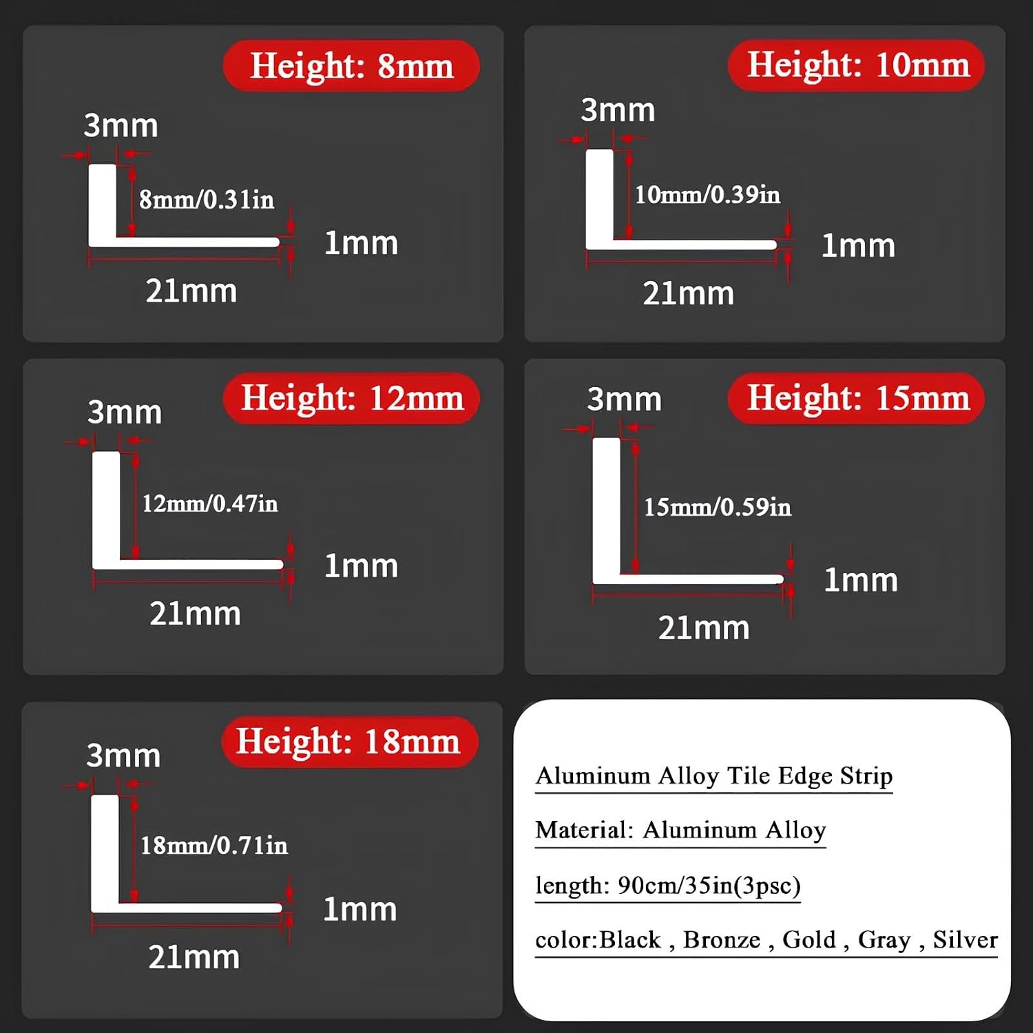Aluminium Tile Trim L Shape, Metal Edge Guard Finishing Profile for Floor & Wall Protection, 90cm Long 3pcs(Black,15mm/0.59in(3pcs))