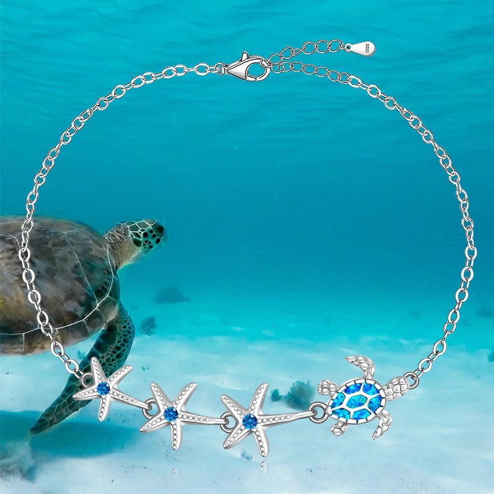 Turtle Anklet Sea Turtle Ankle Bracelets for Women Blue Opal Starfish Beach Turtles Anklets 925 Sterling Silver Ocean Beach Sea Jewelry Summer Gifts Adjustable - Image 4