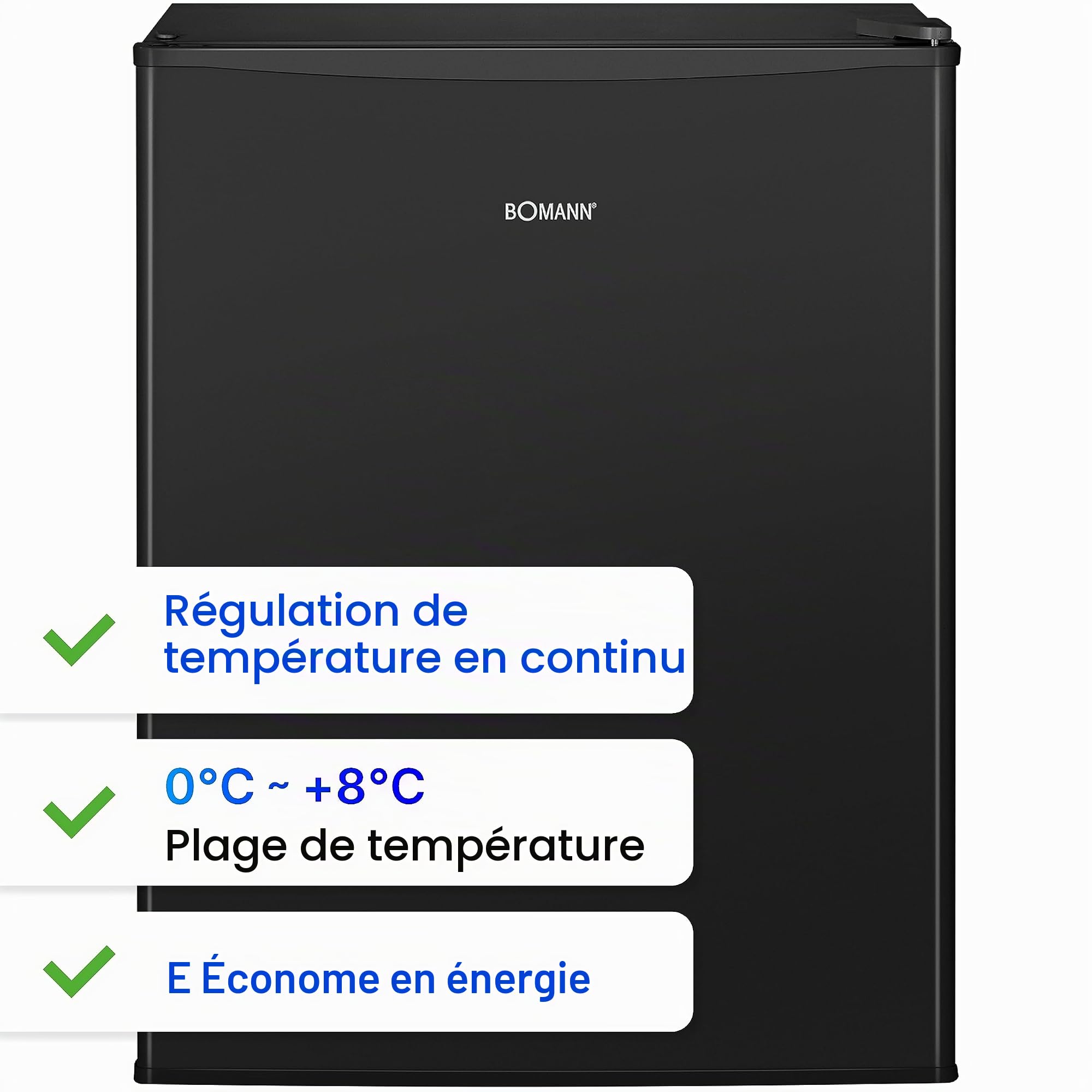 Bomann Réfrigérateur 58 L KB 7347, Réversible, Pieds Réglables, Noir | thermostat réglable, format compact, idéal studio bureau chambre, faible encombrement, éclairage intérieur