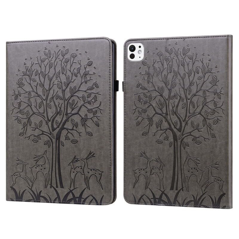 Étui iPad Pro 11 2021 en cuir gris avec motif arbre gaufré élégant