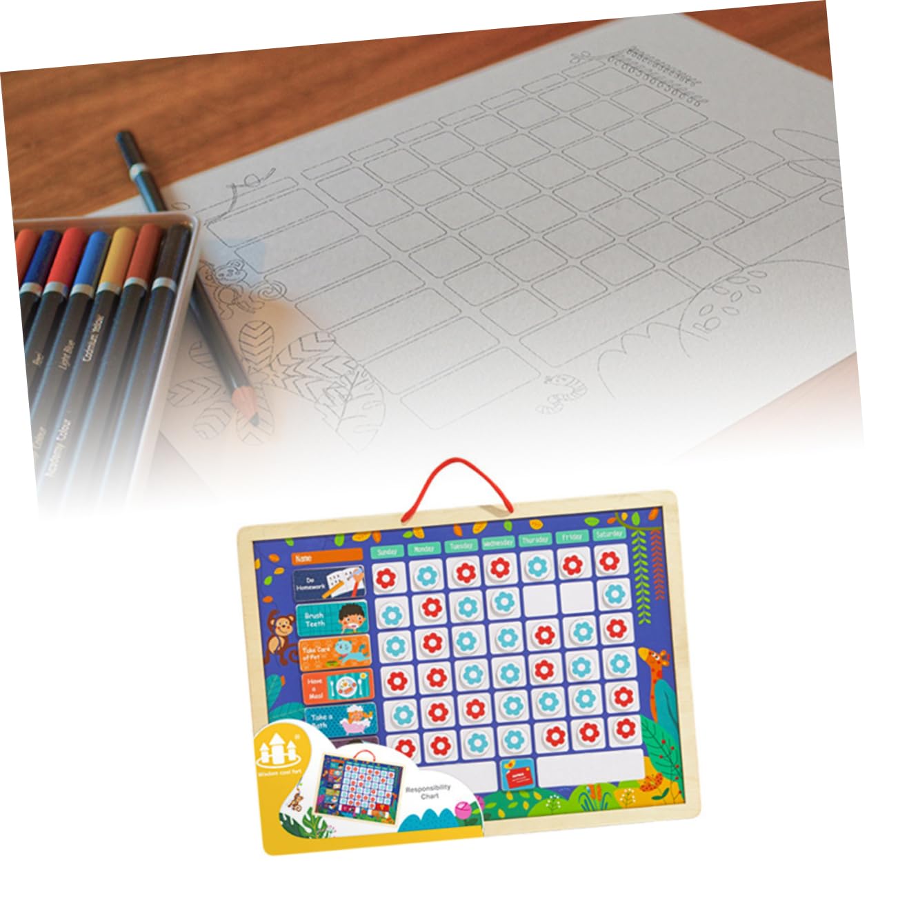 Tofficu Tabla de Recompensas Estándar para Niños de Madera y Colgante | Registro de Crecimiento, Tablero Reutilizable para Escribir, Enseña Organización y Hábitos