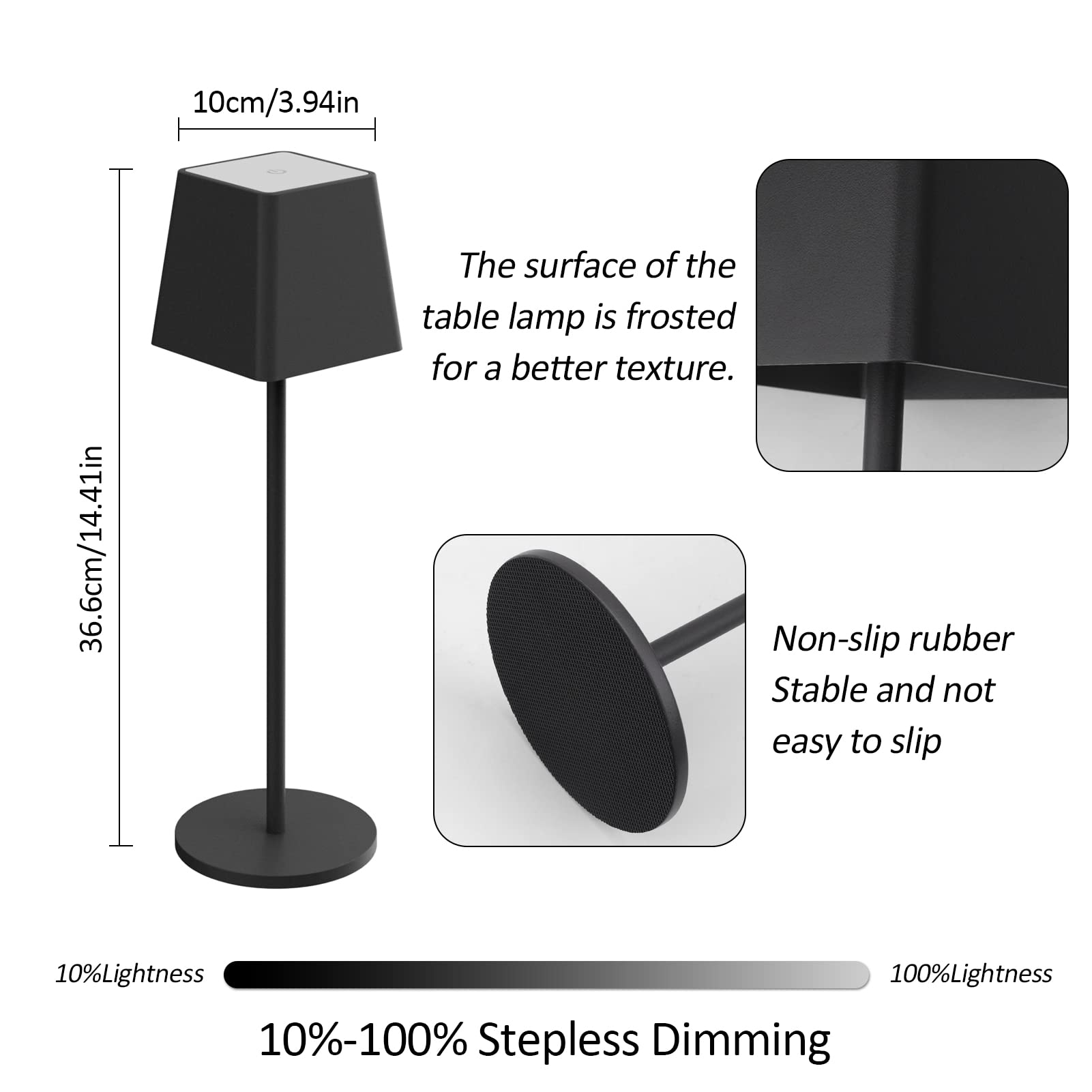 K-Bright 2 pezzi Lampada LED Dimmerabile da tavolo in alluminio, H38cm, Ricaricabile Colore luce calda Per interni/esterni Lampada da scrivania senza fili con 1m USB-C (Nero)