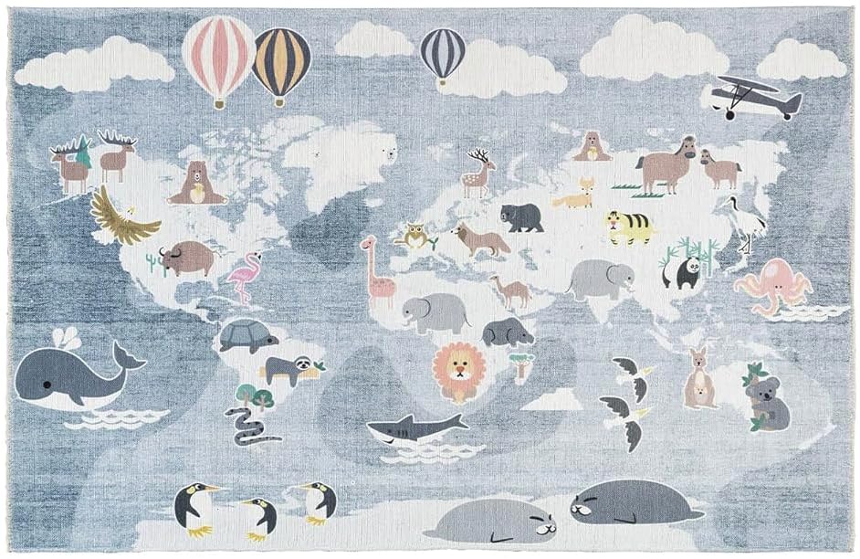 Spielteppich Weltkarte mit Tieren - Blau-Grau 195 x 280 cm - Waschbar & rutschfest - Lernteppich fürs Kinderzimmer - Schlafzimmer Teppich