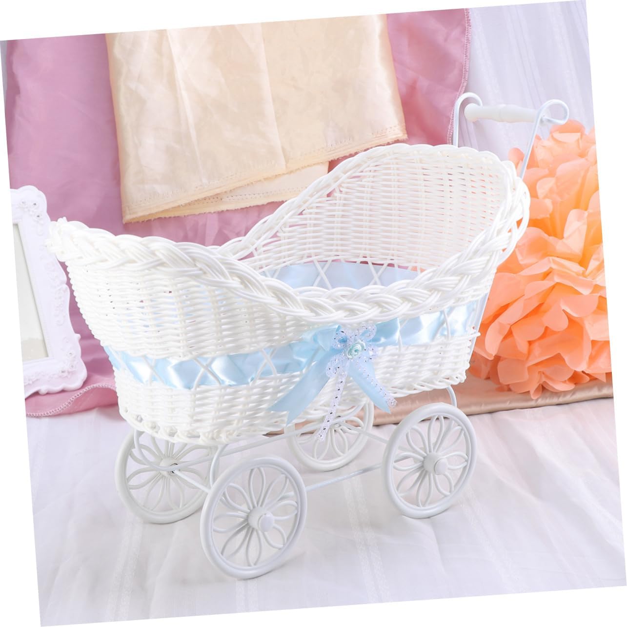 Healifty Tricycles Stroller Ornament Rattan Flower Basket Home Wedding Shower Birthday Decor Rustic Boho Carriage Favor Gift