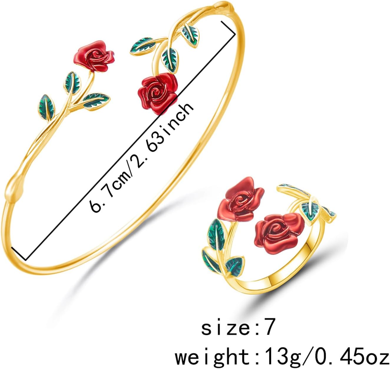 coadipress Rose Bracelet Ring Set for Women Dainty Fashion Red Roses Flower Green Leaf Open Cuff Adjustable Bracelets Vintage Flower Rings Wedding Personalized Accessories Jewelry - Image 5
