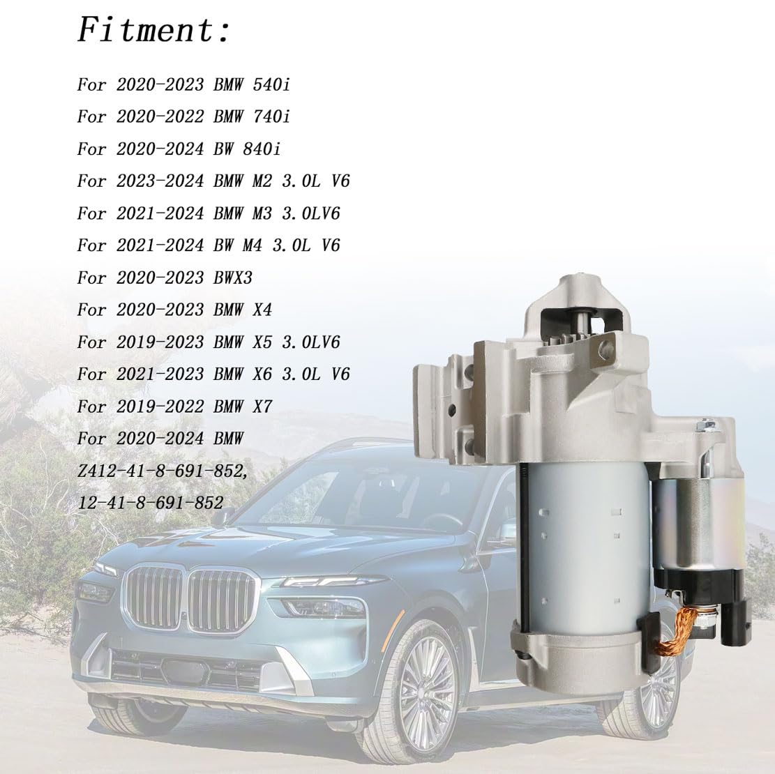 Starter Motor Compatible with 2020 2021 2022 2023 2024 BMW 540i 740i 840i M2 M3 M4 X3 X4 X5 X6 X7 Z4 3.0L Replacement 12418691852 12418671505