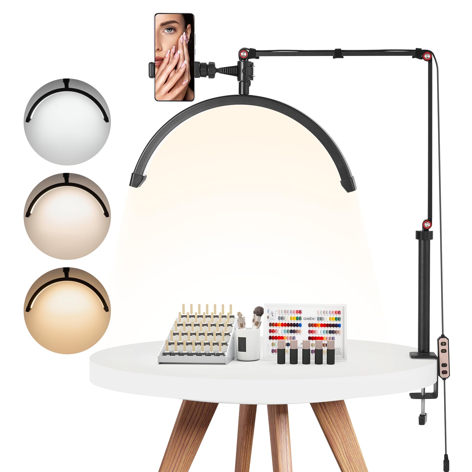 VEVOR Lampada da Tavolo per Unghie con Pinza da 20 W con Supporto per Telefonino Luminosità Temperatura del Colore Regolabile, Lampada da Tavolo a LED ad Arco per Trucco Salone Bellezza