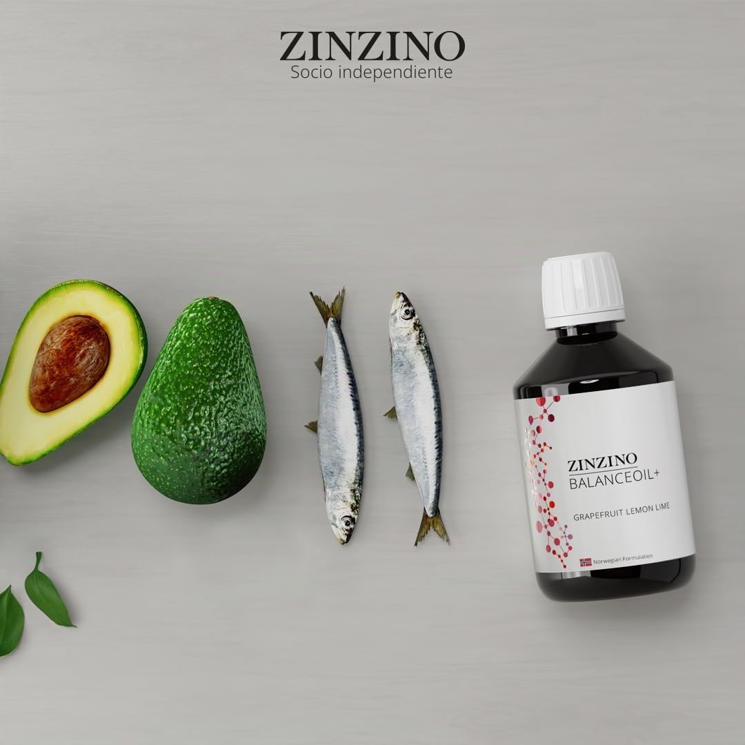 ZinZino BalanceOil+ Aceite de pescado Omega-3 2478 mg, Omega-9, Vitamina D3, Tocoferol, DHA, EPA con aceite de oliva, pomelo, limón y lima, 300 ml