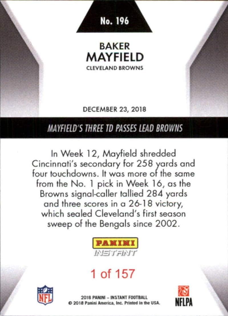 2018 Panini Instant NFL #196 Baker Mayfield RC Rookie Three TD Passes Lead Cleveland Browns December 23 2018 Print Run Just 157 made Official Football Card