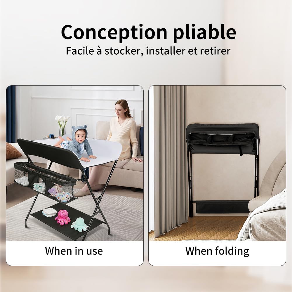 homewell Wickeltisch, Baby Wickelkombi Faltbar Tragbar, Klappbare Wickelkommode mit Aufbewahrungskorb, Sicherheitsgurt und 4 Rollen, Platzsparend & Stabil, 79 * 55.5 * 96cm (Grau + Weiß)