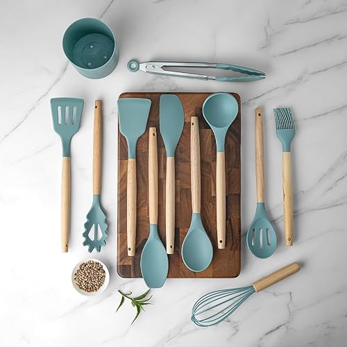 Miniatura 2 de KSENDALO Aqua - Juego de utensilios de cocina pequeños de silicona de 12 piezas con soporte, herramientas de cocina con mango de madera, espátula