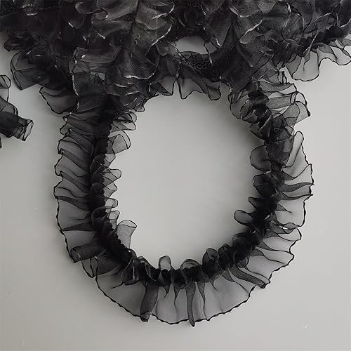 Miniatura 3 de 5 yardas de nailon negro y blanco para tejer doble plisado de organza de encaje con volantes, cinta de gasa hecha a mano, costura artesanal, vestido