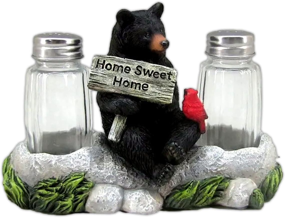 The Bridge Collection Rustic Black Bear With Cardinal Salt And Pepper Shaker Set - Cabin And Lodge Style Kitchen Decor