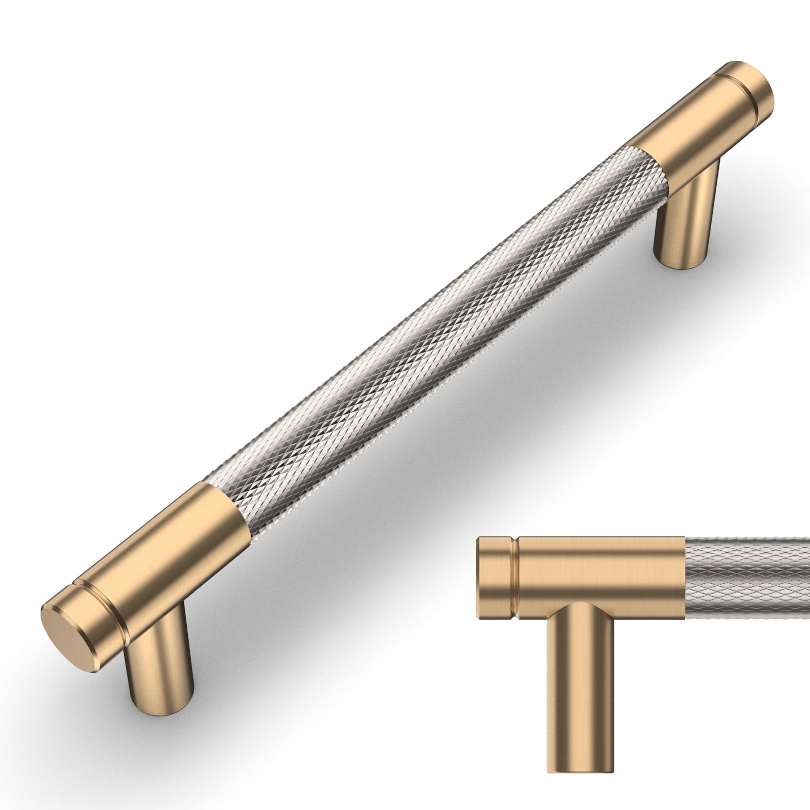 Amerdeco 10 Pack Champagne Bronze and Brushed Nickel Knurled Cabinet Pulls 128mm Hole Center to Hole Center Kitchen Cabinet Handles for Drawer Dresser Cupboard and Wardrobe AM003