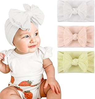 3 diademas para bebé niña, diademas de nailon con lazo, bandas elásticas para el pelo, gorros suaves y lindos para niños recién nacidos (blanco, beige, rosa)