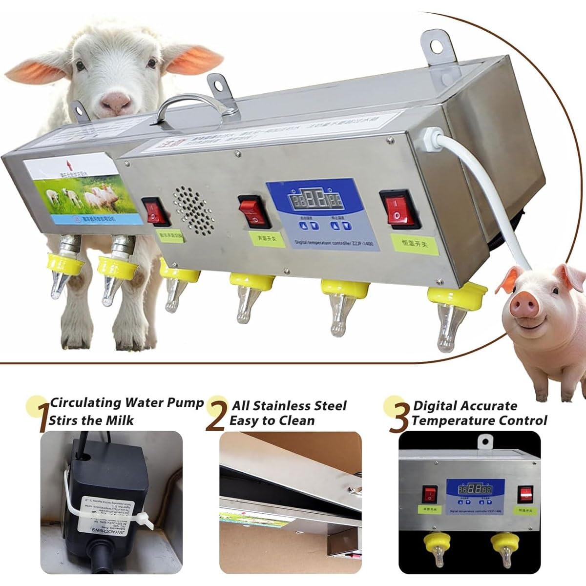 Alimentador automático de leche de temperatura constante para lechones y corderos, estación de alimentación de pezones de silicona con simulación de sonido, dispositivo de lactancia materna de acero