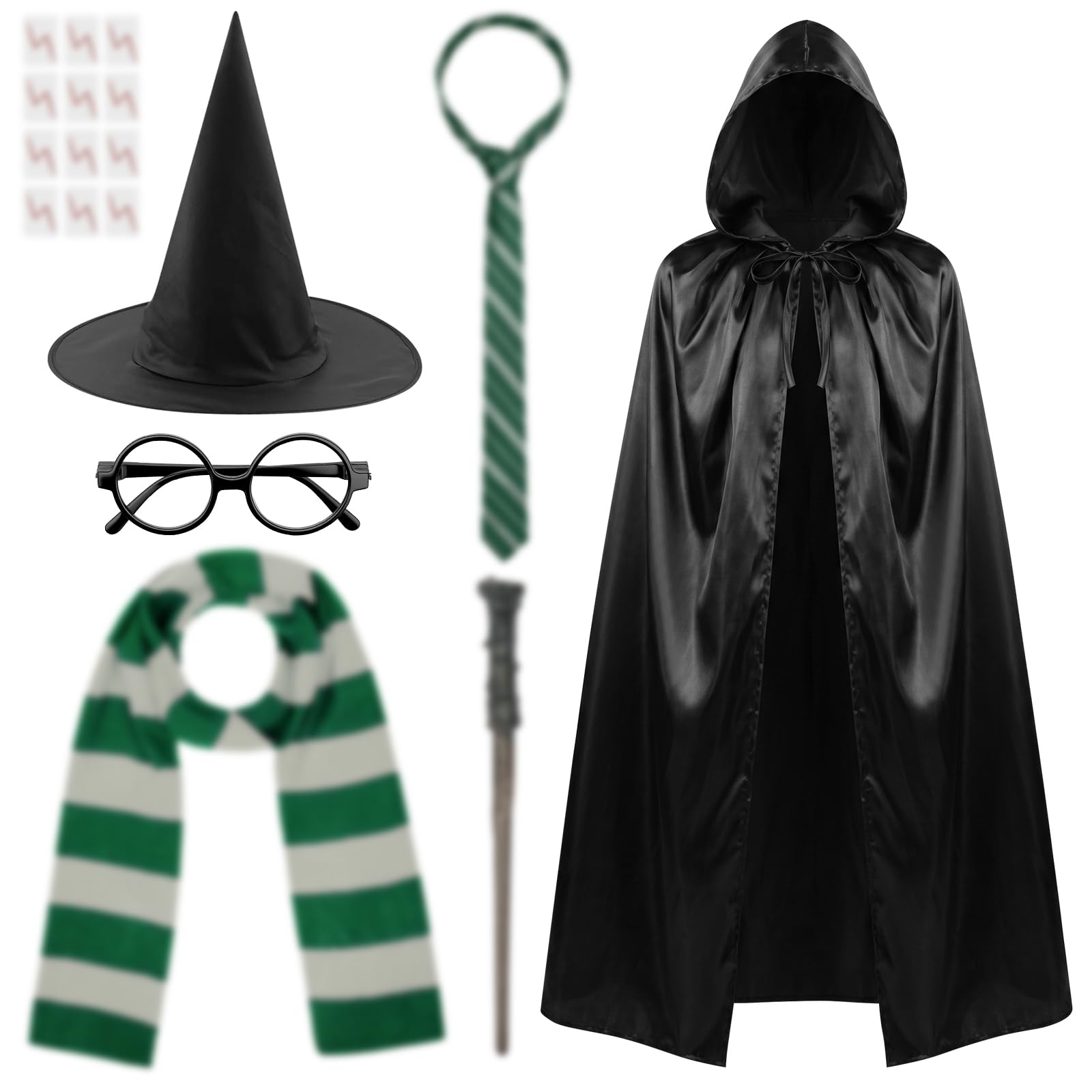 AUYAO 18 Pcs Wizard Costume Wizard Robe, Wizard Fancy Dress Up Costume with Magic Wand Cape Scarf Glasses Tattoo Sticker Tie Hat Cosplay Outfit for Book Day Halloween Men Women(100cm/39.37 inches)