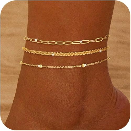 Gold Ankle Bracelets for Women,14k Gold/Silver Plated Waterproof Layered lightweight Cuban Link Figaro Chain Heart anklet Bracelets Set Gold Anklets for women Trendy Jewelry Gift