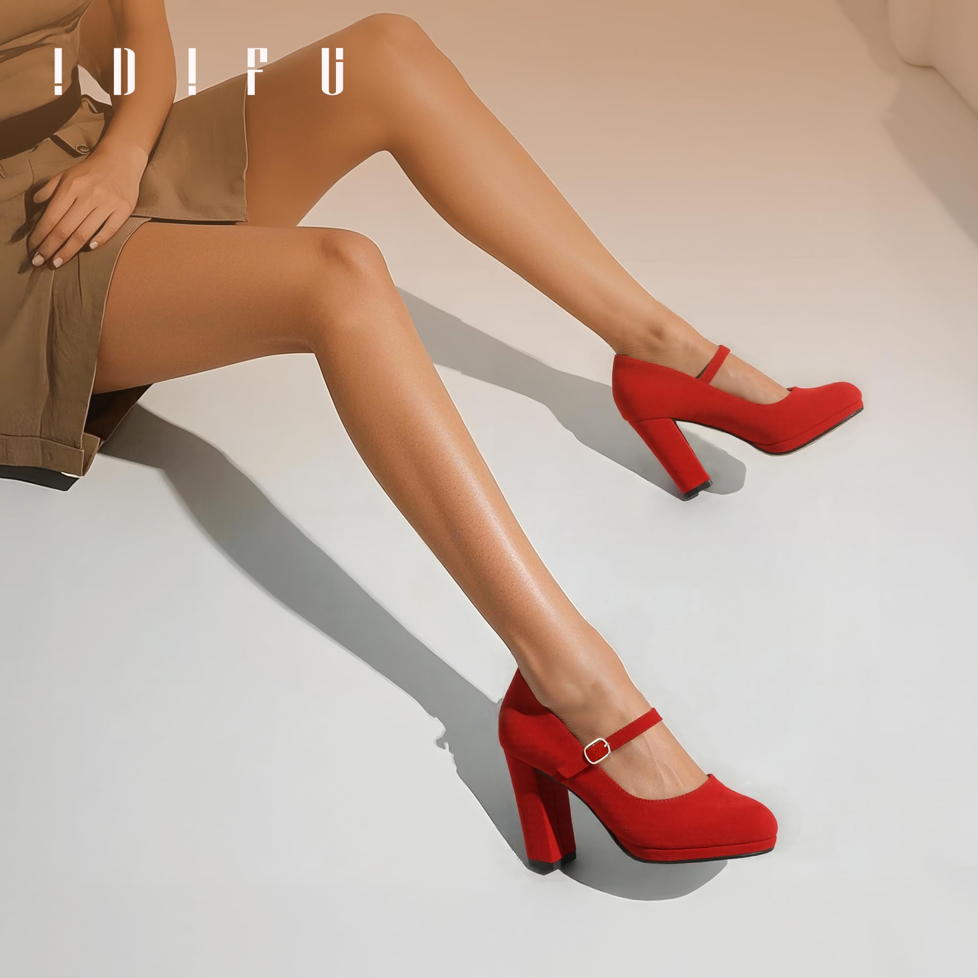 IDIFU IN4 Mary Jane Shoes Closed Toe Heels Platform High Chunky Block Heels Women's Pumps Comfortable Dress Shoes for Women Wedding Bridal Work Fashion Round Toe Pumps Shoes: 10 Red Suede