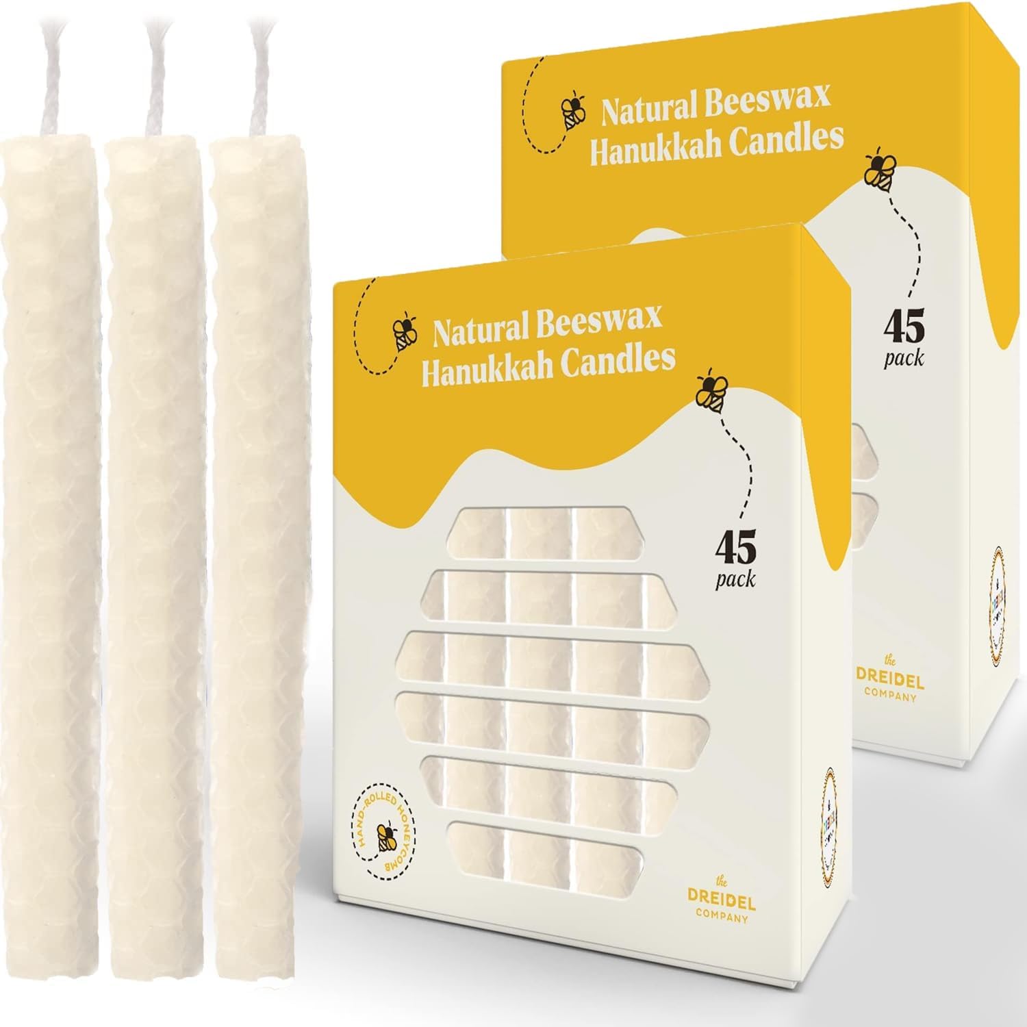 The Dreidel Company 5-Pack Hand Rolled Hanukkah Candle Natural Honeycomb Beeswax White, 45 Minute Burn Time, 45 Candles for All 8 Nights of Chanuka