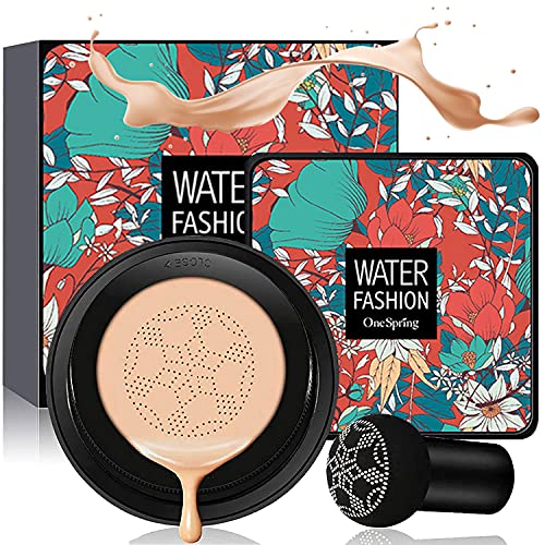 Air Cushion CC Cream Mushroom Head Foundation, Amazfly Moisturizing BB Cream Makeup Long Lasting Matte Concealer Bright Makeup Base Long Lasting with Mushroom Makeup Sponge (Natural)