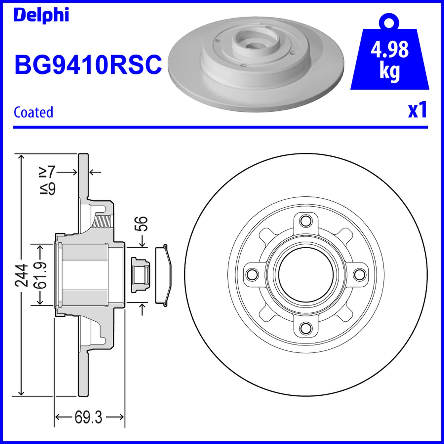Delphi Tarcze hamulcowe tylne pełne 2 x Ø 244 mm | Bg9410Rsc