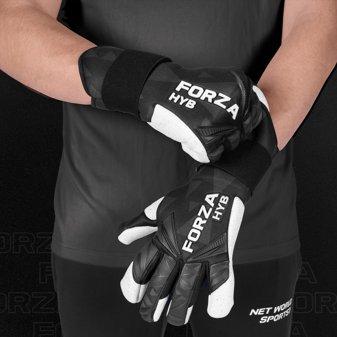 FORZA HYB Goalkeeper Gloves - Pro-Grade 4mm Quartz Latex Palm, Neoprene Backhand, Enhanced Grip & Control | Optional Wrist Strap, Available in White/Black [Sizes 4-11]