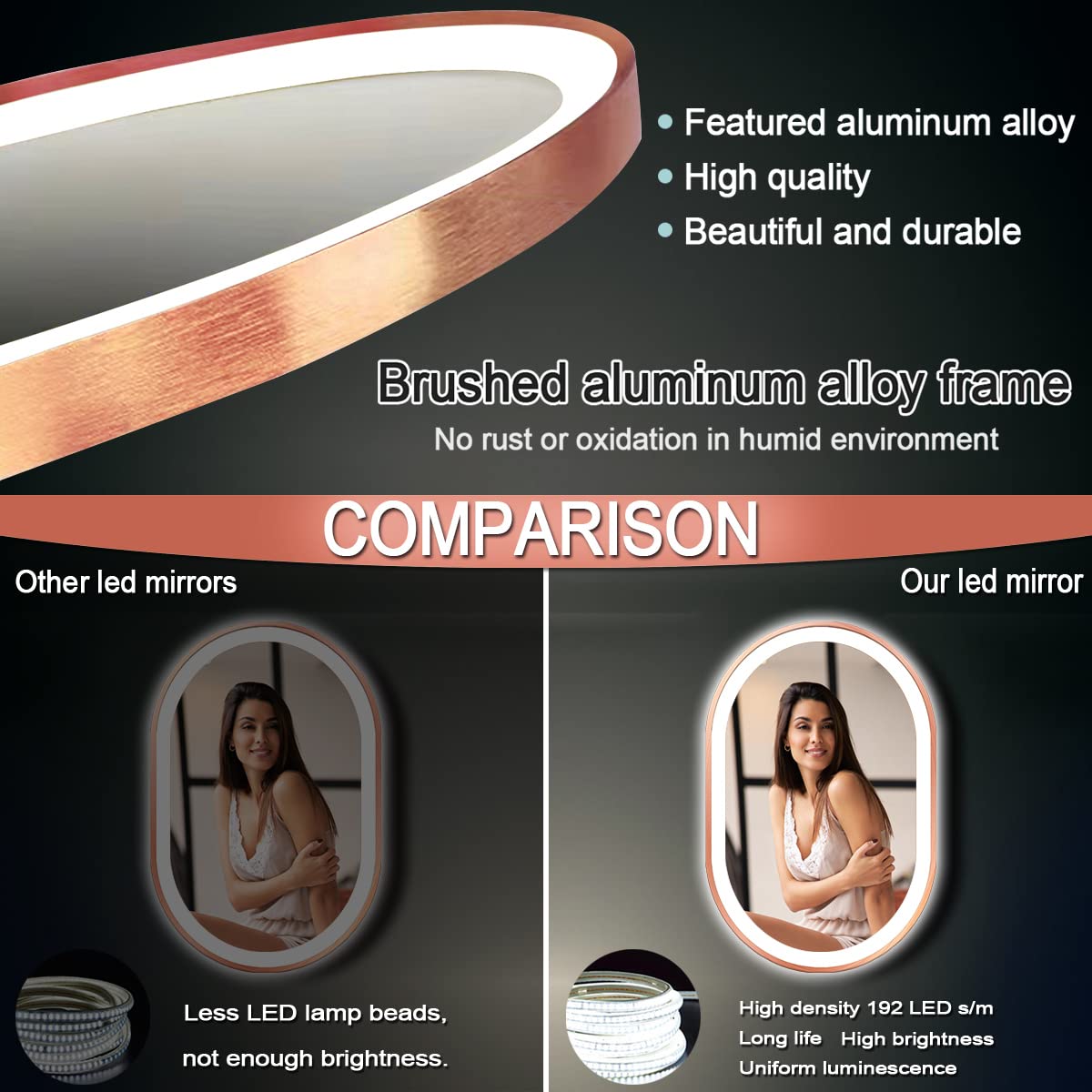 ARUMMA Rose Gold Bathroom Oval LED Mirror 16 x 24 Inch Oval Lighted ...
