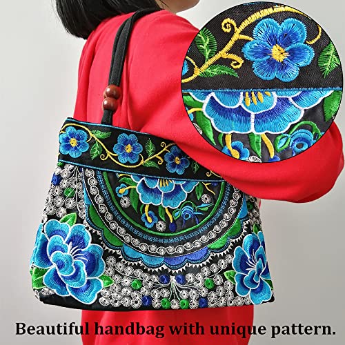 Embroidered Women Floral Handbags Embroidery Purse Vintage Hobo Tote Bag Ethnic Shoulder Bag Blue (Classic Flower Style) #TOP1