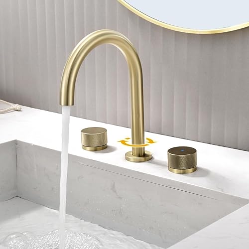 Miniatura 3 de Techzm Grifo de baño de cuello de cisne de 8 pulgadas con dos manijas mezclador de lavabo con desperdicios emergentes cepillado dorado