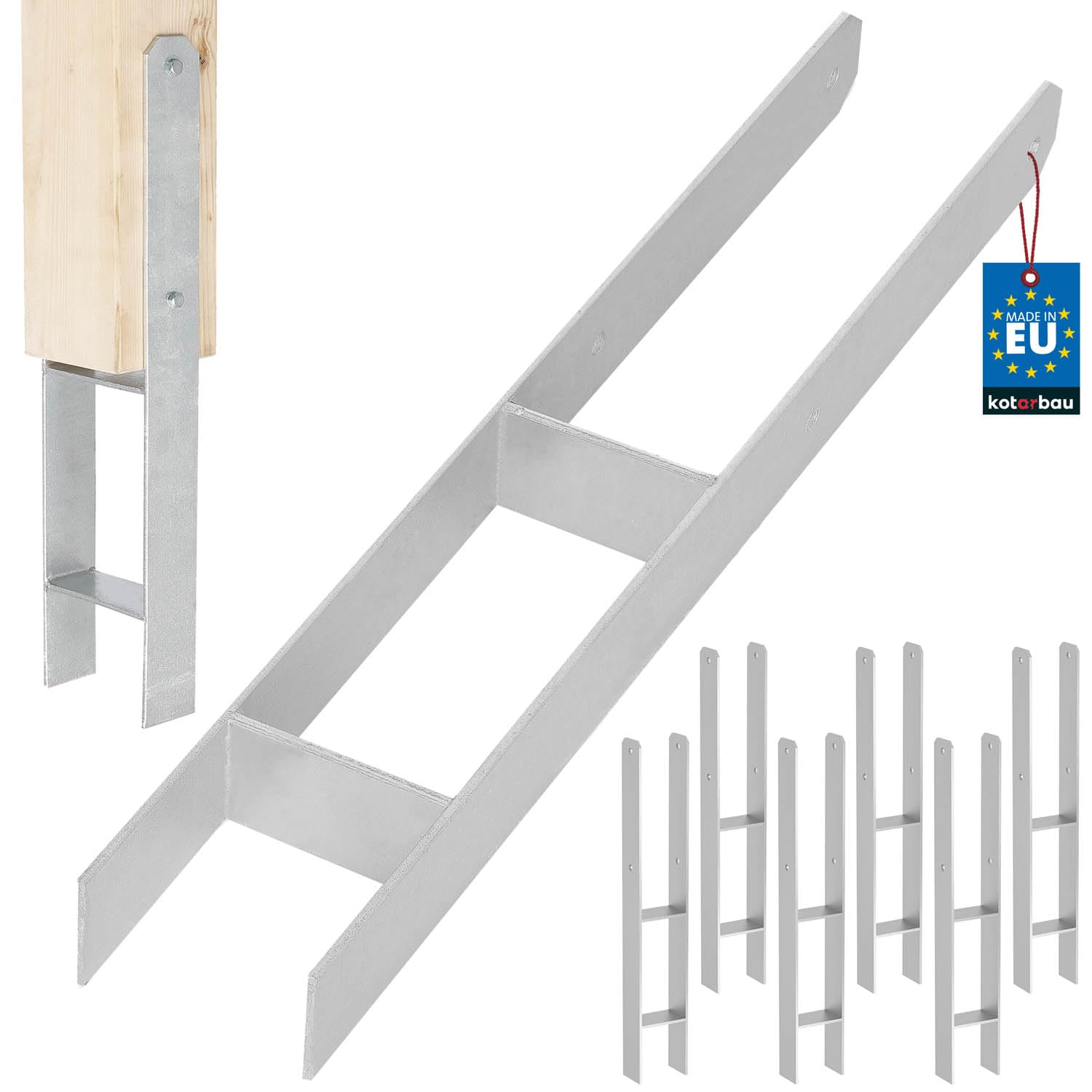 KOTARBAU® Pack of 6 H-post anchors for embedding in concrete, 90 mm / 600 mm, H-anchors made of galvanised steel, silver, post anchor, joist braces, support foot, post shoe with concrete anchor, steel