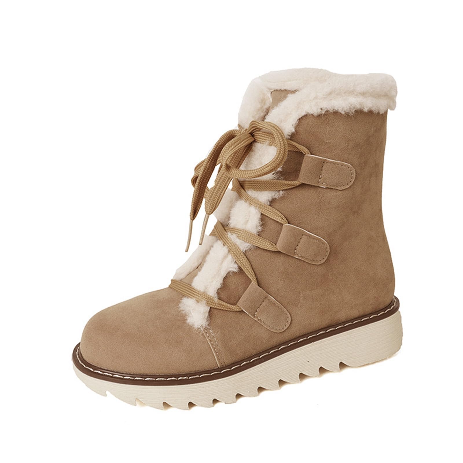 Womens Snow Boots Suede Faux Fur Lining Warm Lace Up Walking Boots Block Heel Ankle Boots Winter Deep