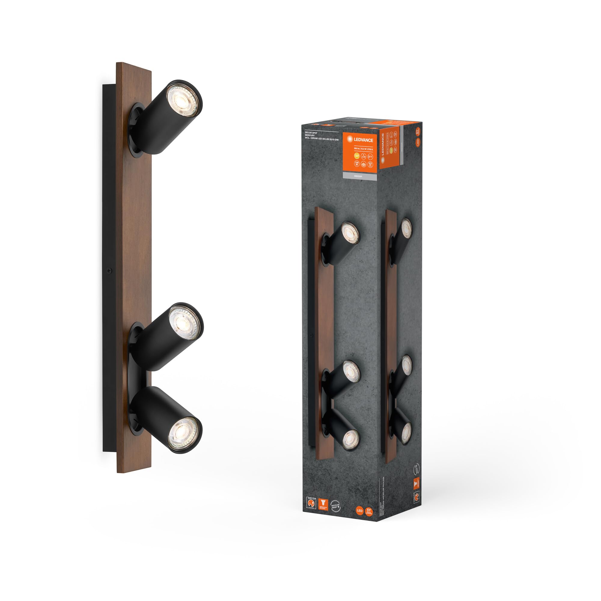 LEDVANCE DECOR SPOT MERCURY, 3 x 3,4W, 690lm, Holzoptik schwarz, Spotleuchte, verstellbare Köpfe, vielseitig anwendbar, Innenraumspot, austauschbare LED-Lampen, warmweiße Lichtfarbe, GU10