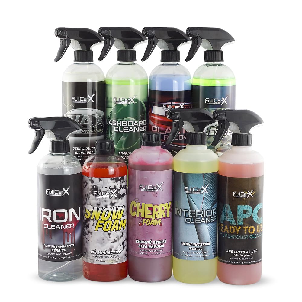 FULLCARX Kit Limpieza Coche Exterior Interior Detailing, Limpia Llantas, Tapicería, Renovador Plásticos Salpicaderos, Champú PH Neutro y Alcalino Rosa, Cera Carnauba, APC Listo al Uso Limpiacristales