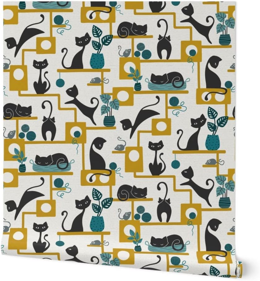 Spoonflower Peel & Stick Wallpaper Swatch - Retro Black Cats Teal Animals Plants Mustard Gold Midcentury Custom Removable Wallpaper