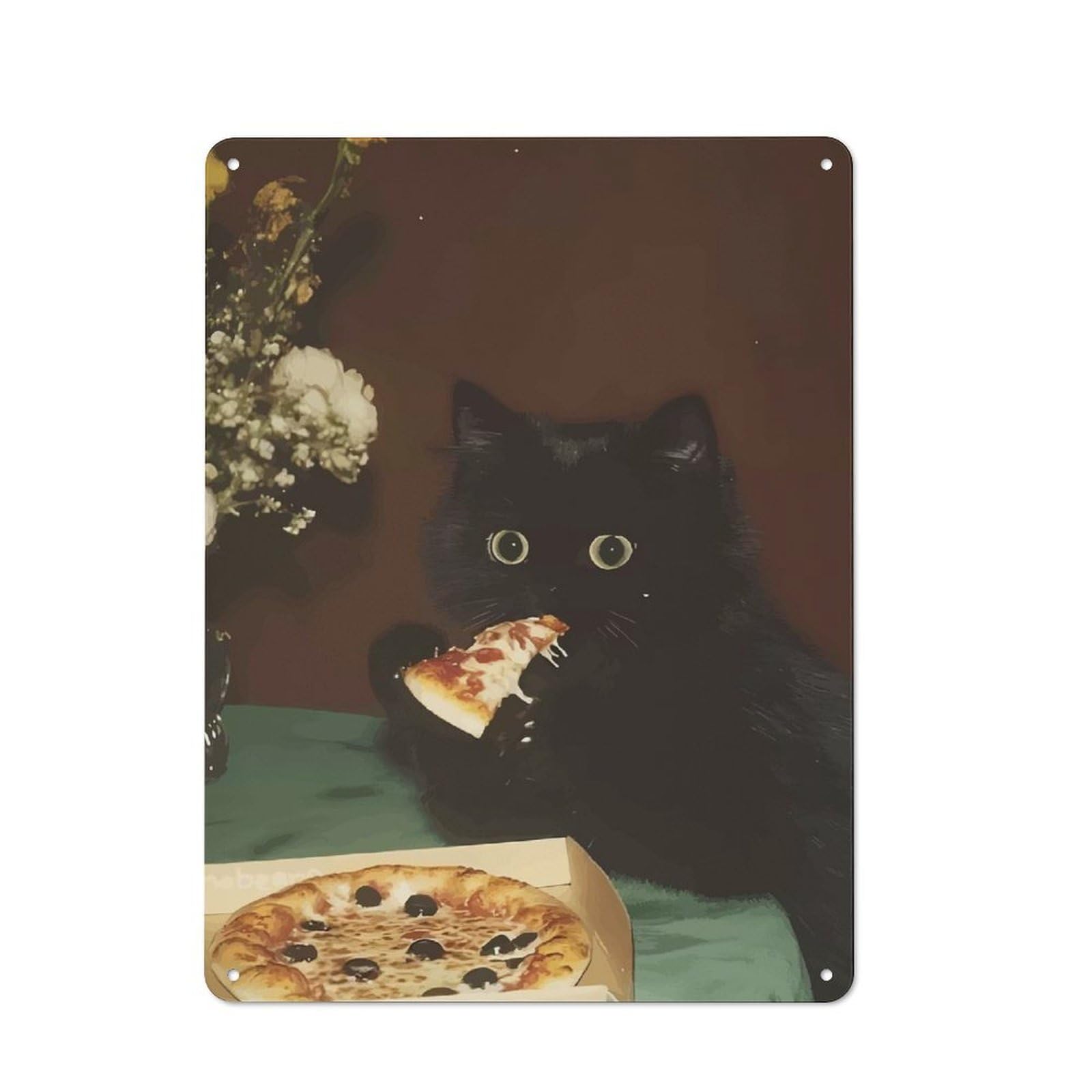Junmoney Black Cat Eating Pizza Vintage Tin Sign 40X30cm, Nostalgic Retro Room Decor For Bedroom, Office, Home Bar Or Dining Room