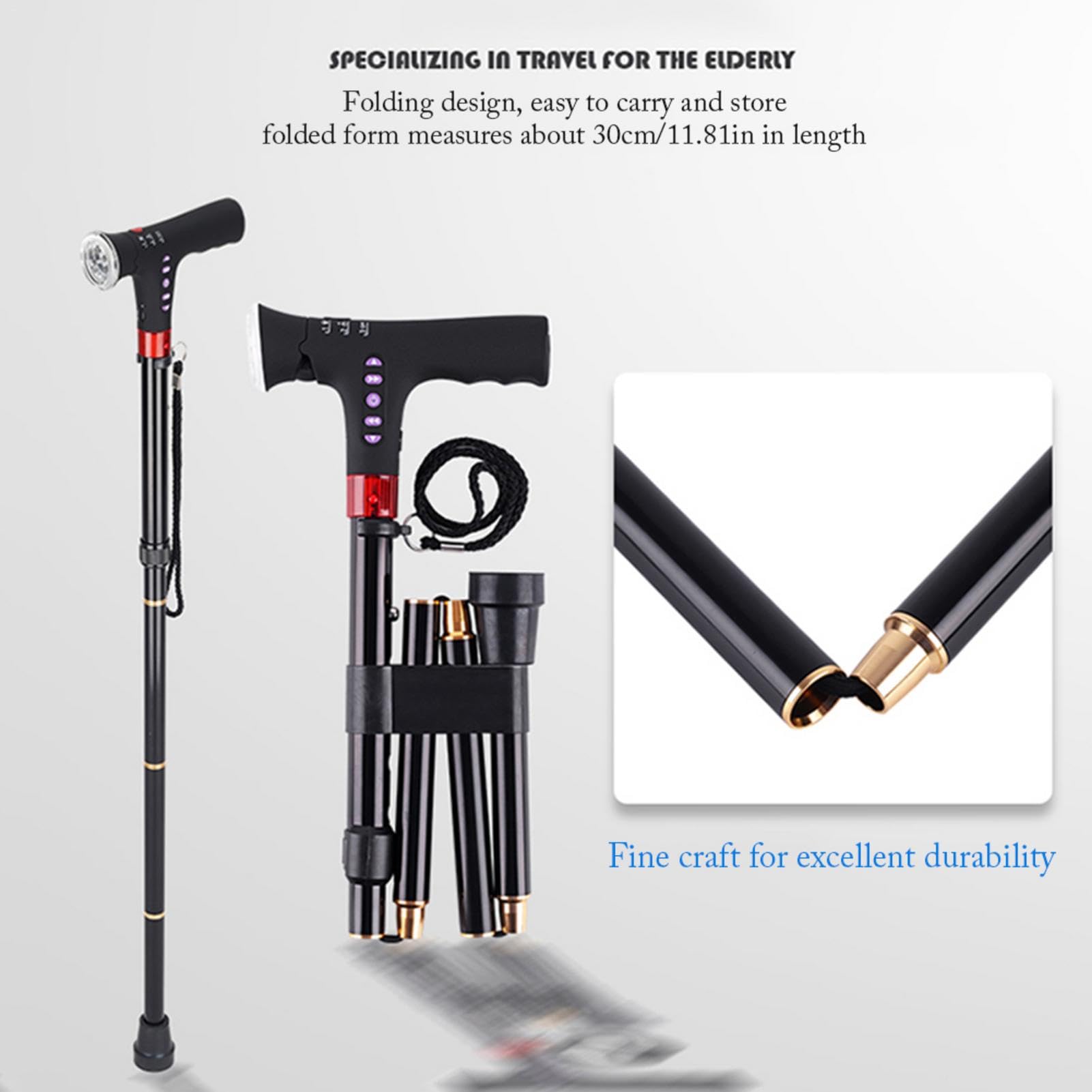 Folding Carbon Fiber Crutches - Travel Adjustable Folding Cane with Alarm Led, Light Radio and Handle Suitable for Disabled Elderly, Folding Aluminum Under Arm Crutches, Under Arm Crutches