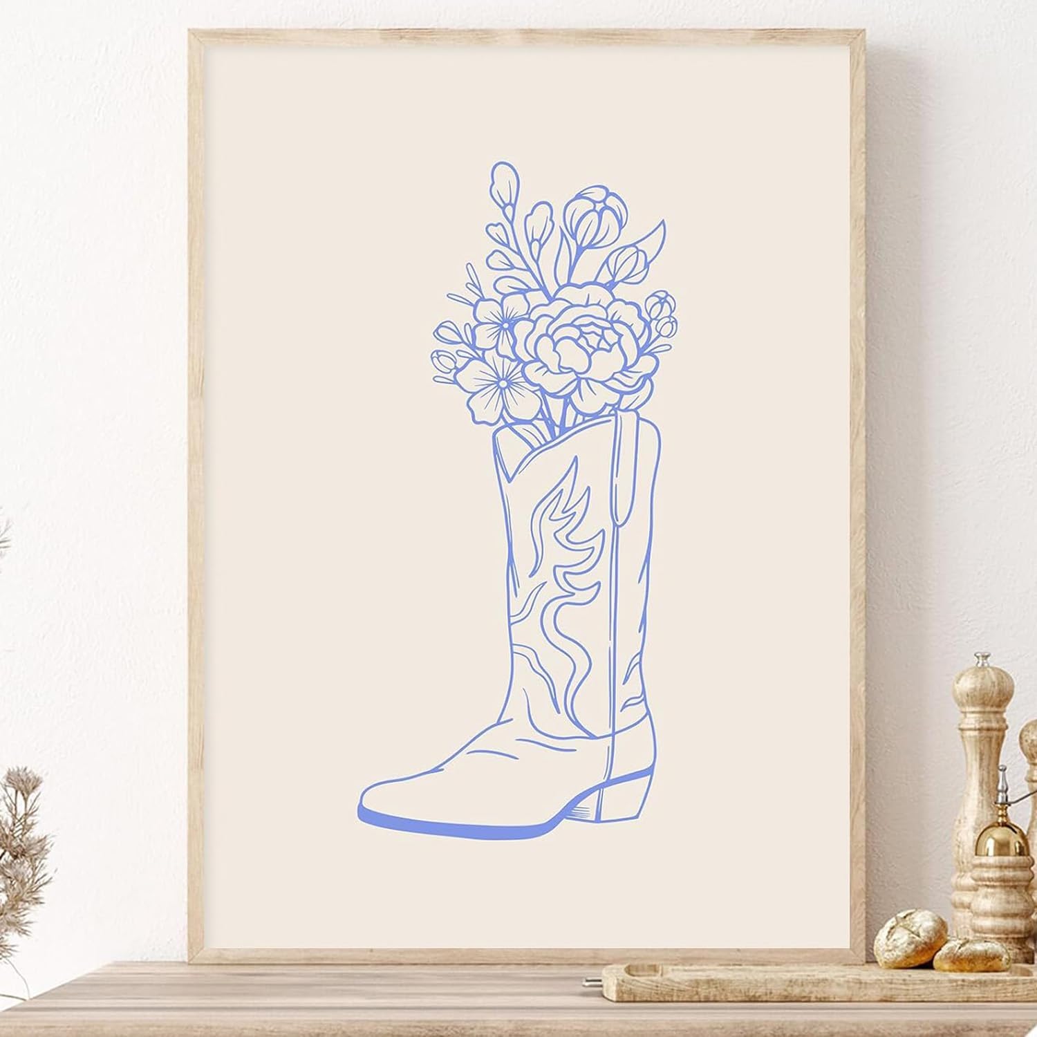 Minimalist Western Wall Art Blue Coastal Cowgirl Poster Cowboy Boot Artwork Preppy Cowgirl Prints Funky Vintage Print Southwestern Pictures Trendy Aesthetic Posters Coquette Paintings 16x24in Unframed
