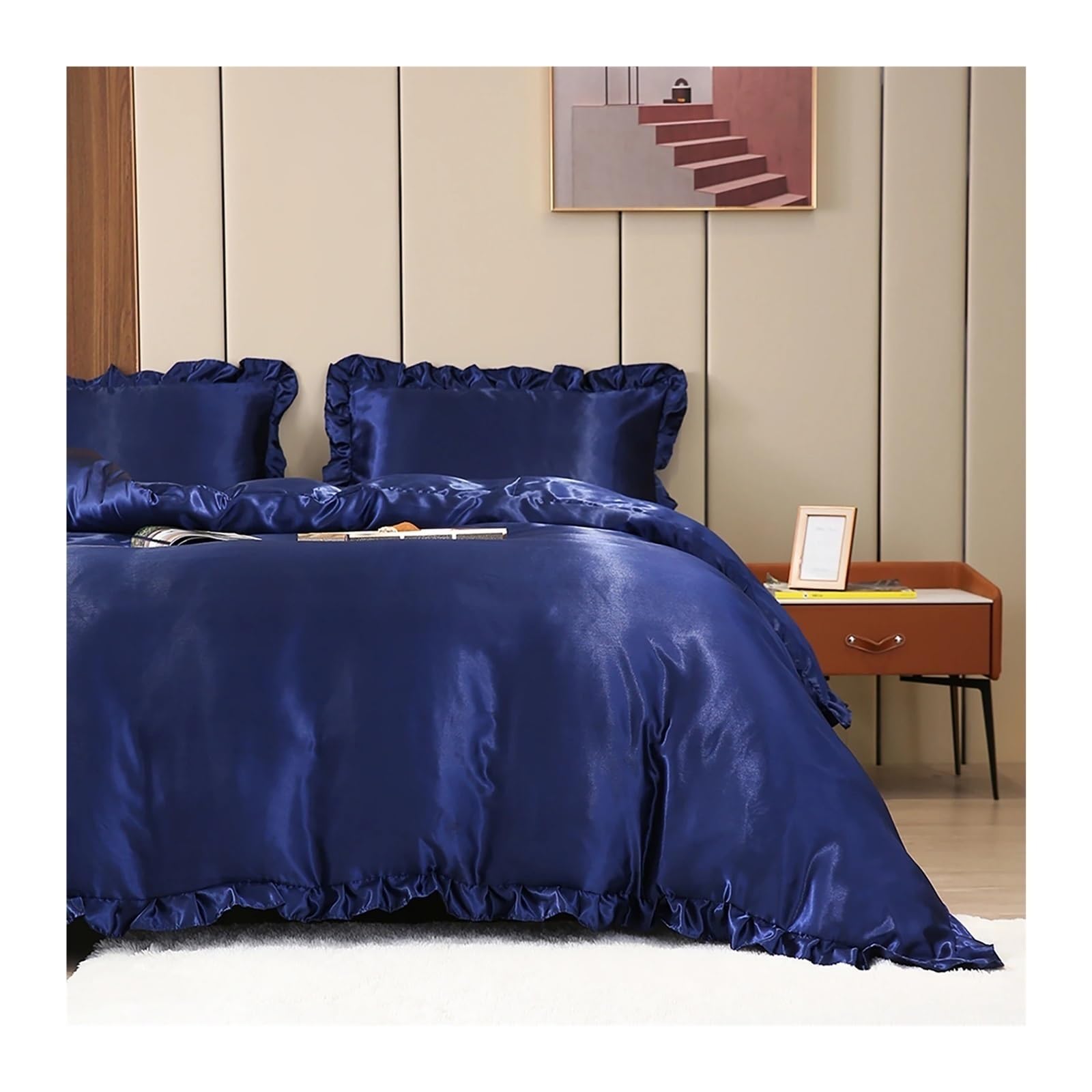 ZHSOAO 3PCS Satin Duvet Cover Set Silk Bedding Silky Ruffle Luxury Bed for Bed(Deep blue,200x200cm-UK-Double)