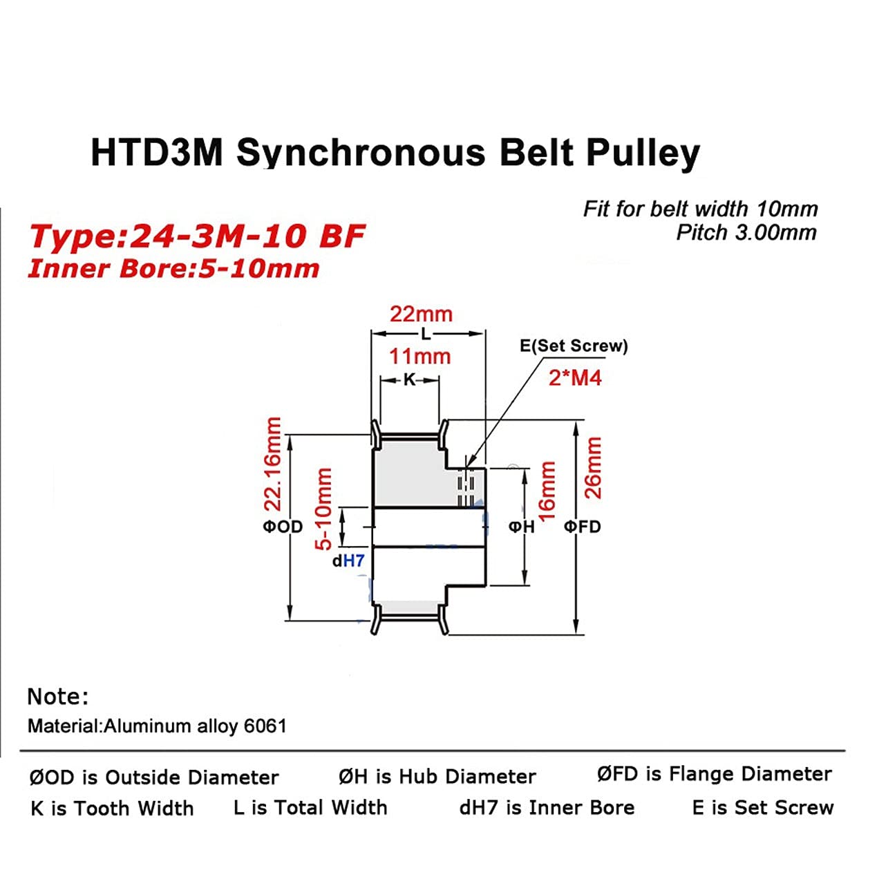 Polea de distribución HTD 3M 24 dientes síncrona CNC 24T, orificio 8mm, para correa 9-15mm