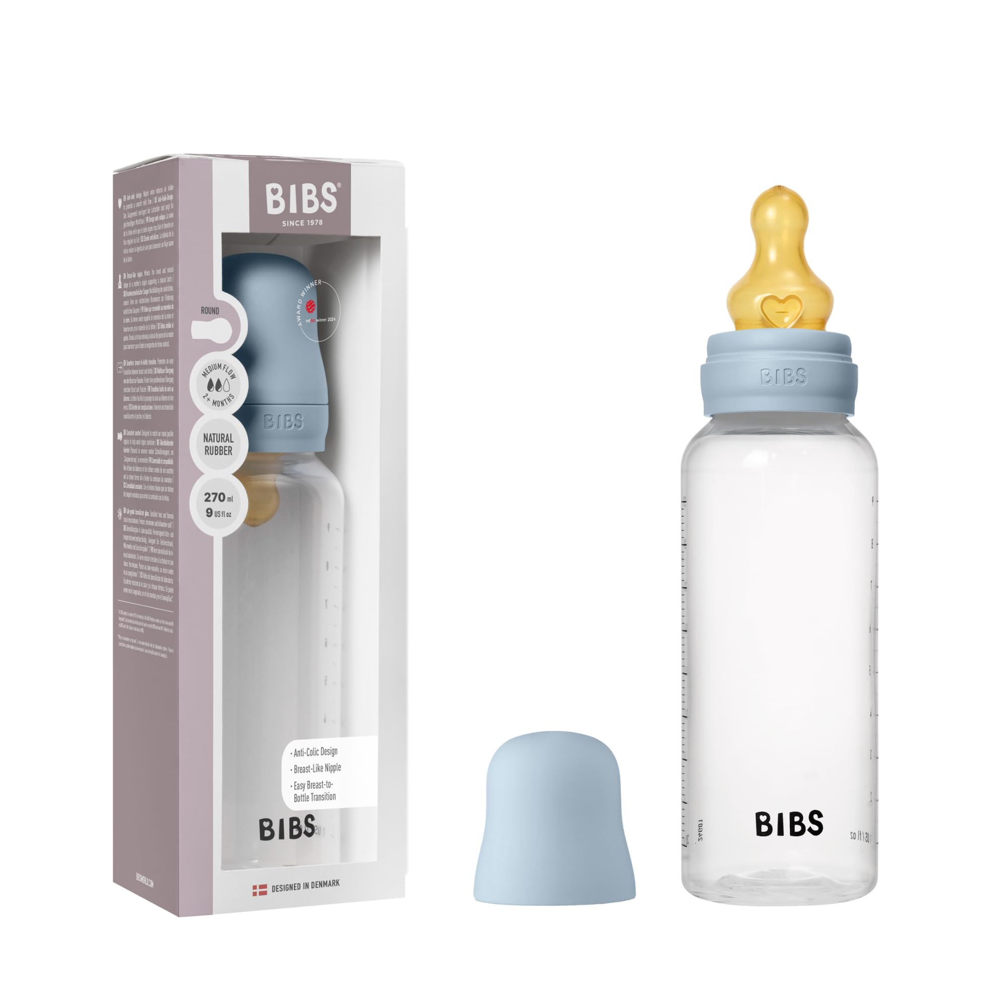 BIBS Baby Bottle 9 oz / 270 ml Natural Rubber Latex Nipple - Anti-Colic, BPA-Free, Round Nipple, Medium Flow, Lightweight & Easy to Clean, Suitable