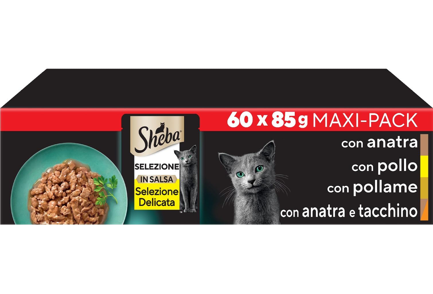Sheba Selezione in Salsa, Pollo, Tacchino, Anatra E Pollame, Cibo Umido Completo per Gatti Adulti, 60 Bustine, 85 g, Confezione da 60