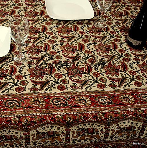 Sweet Us Block Print Tablecloth For Rectangle Tables 70X102 Beige Gold Red Olive Green Black Floral Paisley Elephant Cotton Kitchen, Dining Linen #TOP4